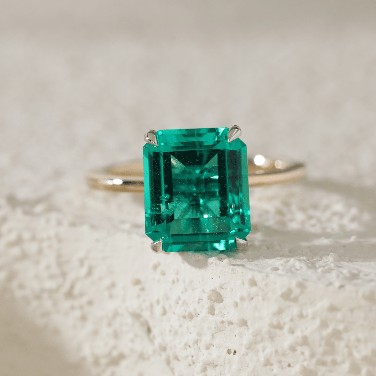 14K Yellow & White Gold 3ct Zambian Lab Emerald 4 Claw Prongs Hidden Halo Engagement Ring - FIORESE JEWELRY