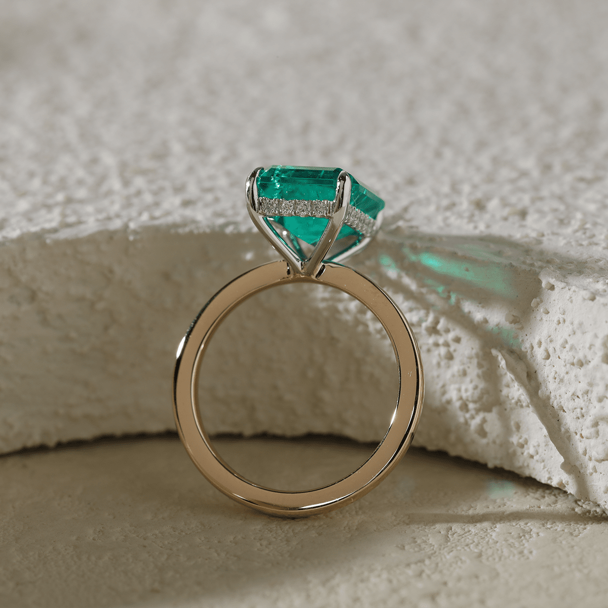 14K Yellow & White Gold 3ct Zambian Lab Emerald 4 Claw Prongs Hidden Halo Engagement Ring - FIORESE JEWELRY