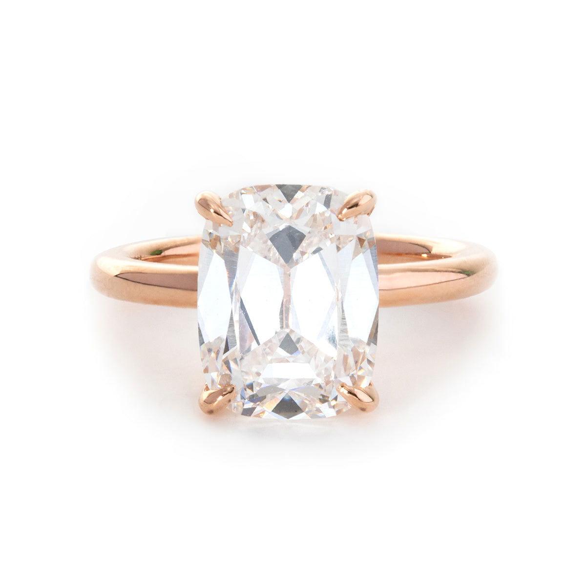18K Rose Gold 3.5ct Elongated Old Mine Cut Lab Diamond Solitaire Ring - FIORESE JEWELRY