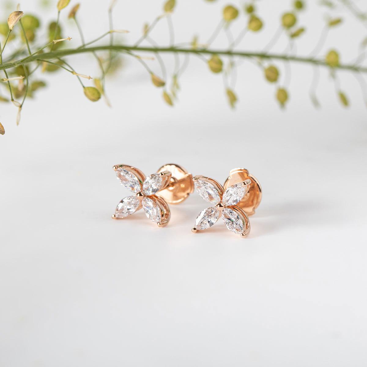 18K Rose Gold Marquise Cut Lab Diamond Flower Stud Earrings - FIORESE JEWELRY