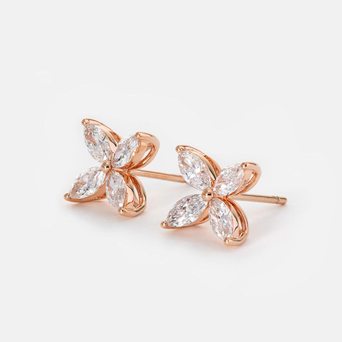 18K Rose Gold Marquise Cut Lab Diamond Flower Stud Earrings - FIORESE JEWELRY