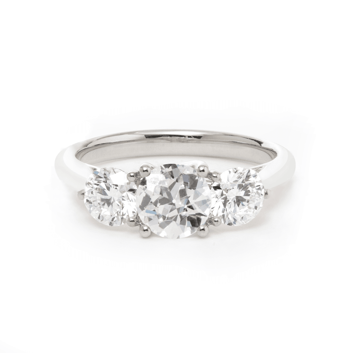 18K White Gold 1ct Old European Cut Lab Diamond Three Stone Ring - FIORESE JEWELRY