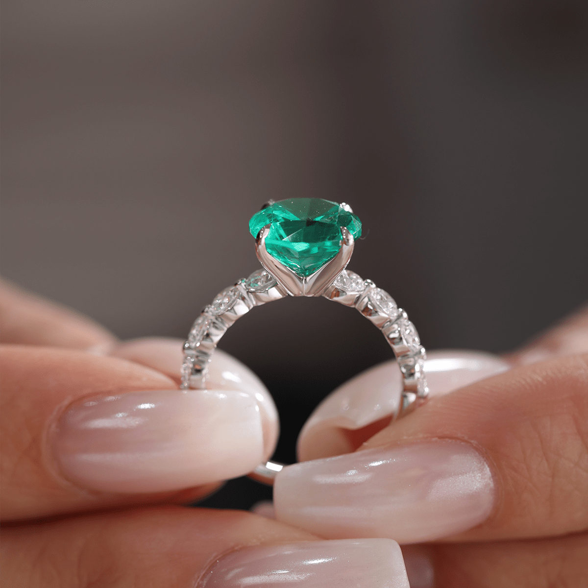 18K White Gold 2.5ct Round Colombian Lab Emerald 4 Calw Prong Ring with 8 Round Lab Diamond Side - stones - FIORESE JEWELRY