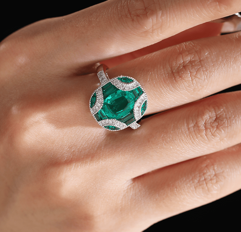 18K White Gold 2ct Cushion Lab Columbian Emerald Millegrain Invisible Setting Vintage Ring with Round Lab Diamond and Mixed Cut Lab Columbian Emerald Side - stones - FIORESE JEWELRY