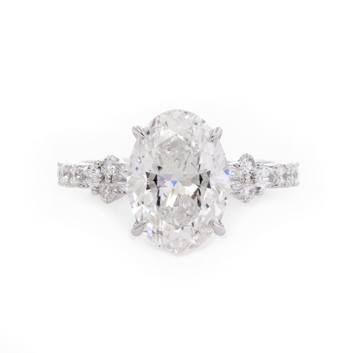 18K White Gold 3.5ct Oval Lab Diamond Vintage Ring with Millegrain and Lab Diamond Side - stones Pave - FIORESE JEWELRY