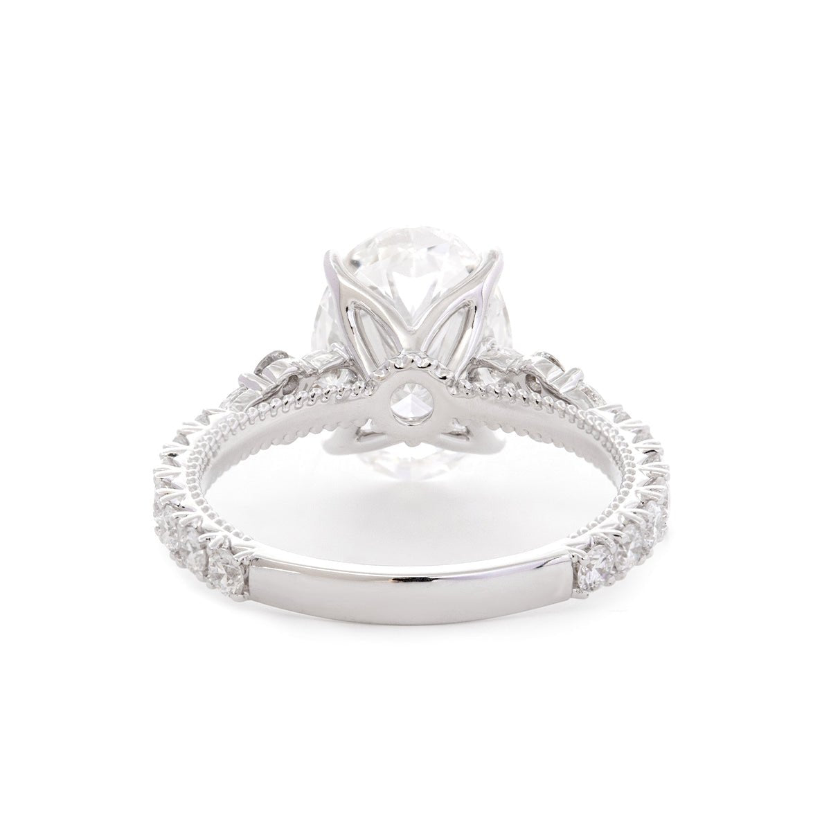 18K White Gold 3.5ct Oval Lab Diamond Vintage Ring with Millegrain and Lab Diamond Side - stones Pave - FIORESE JEWELRY