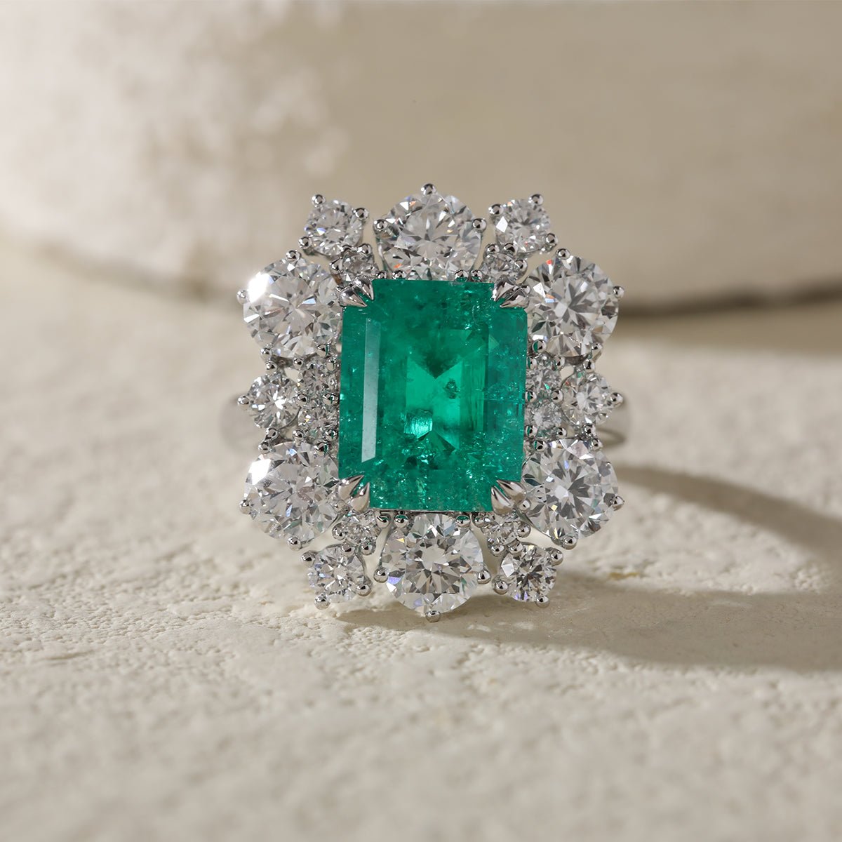 18K White Gold 3ct Colombian Lab Emerald Double Claw Prongs Halo Engagement Ring - FIORESE JEWELRY