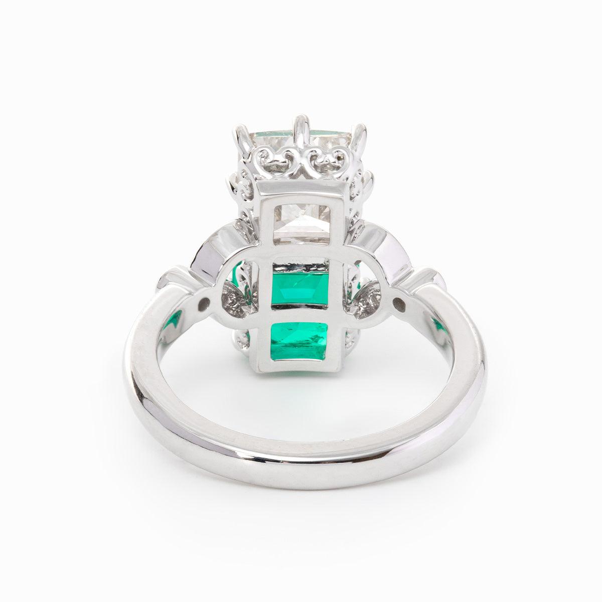 18K White Gold Asscher Cut Lab Emerald & Lab Diamond Toi et Moi Side - stone Cocktail Ring - FIORESE JEWELRY