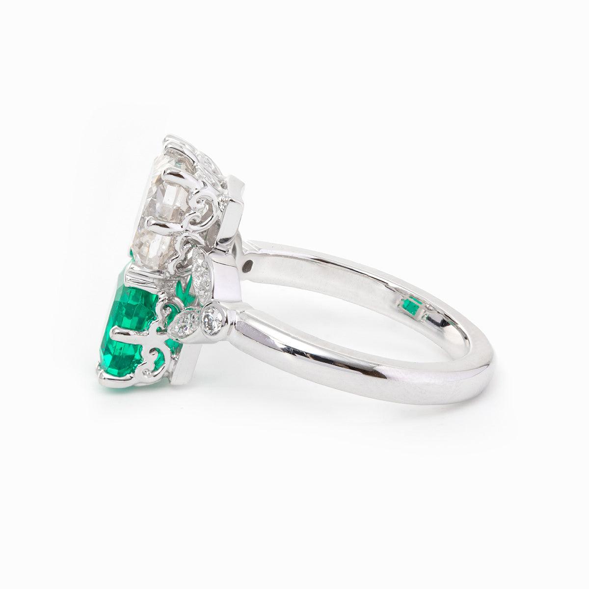 18K White Gold Asscher Cut Lab Emerald & Lab Diamond Toi et Moi Side - stone Cocktail Ring - FIORESE JEWELRY