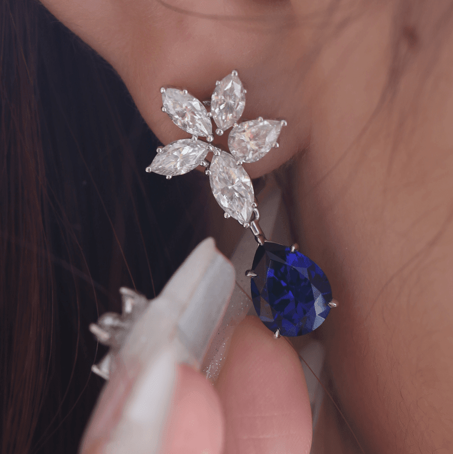 18K White Gold Pear Shaped Sapphire Cluster Lab Diamond Leverback Earrings - FIORESE JEWELRY