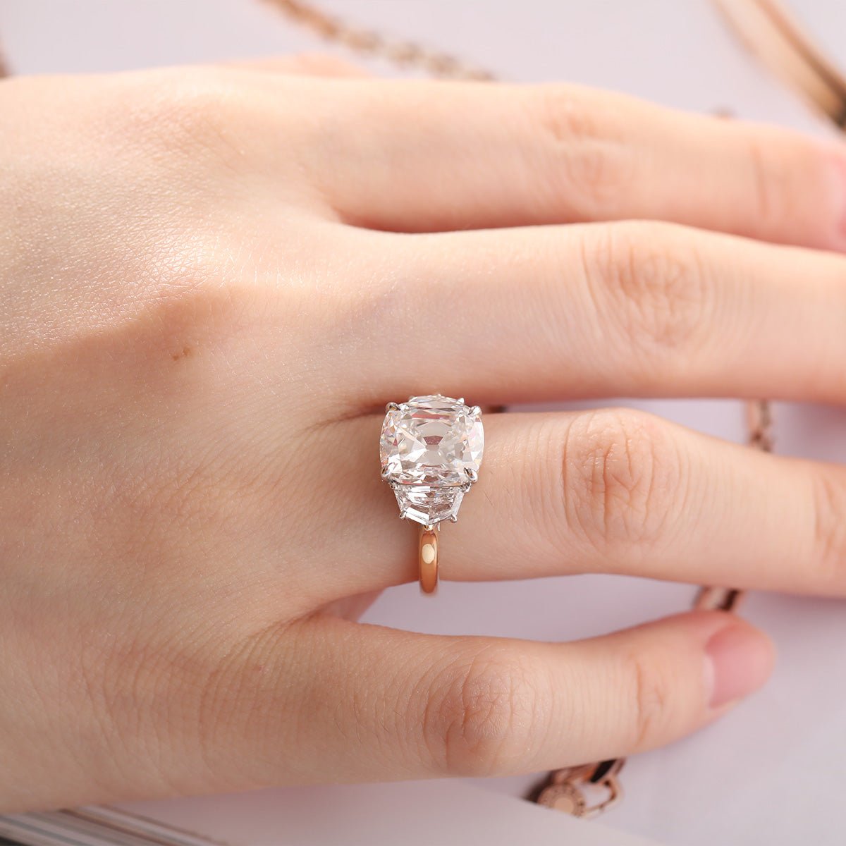 18K White Gold & Yellow Gold 4.5ct Old Mine Cut & Step cut Eldorado Lab Diamond Three Stone Ring - FIORESE JEWELRY