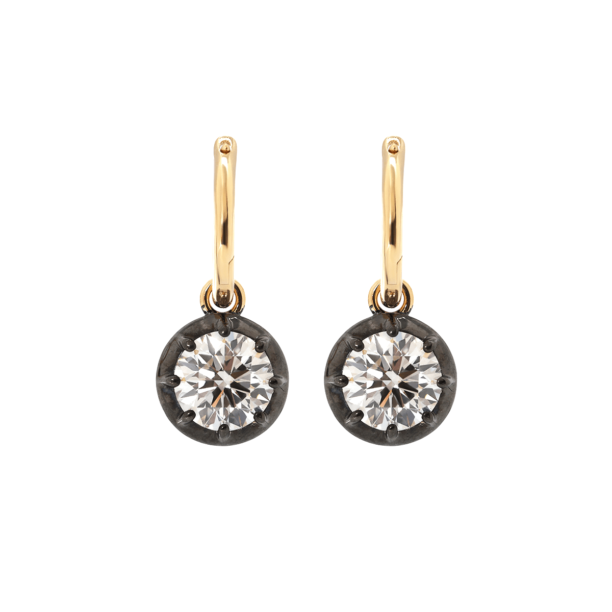 18K Yellow and White Gold with Black Rhodium Plated 2 ct tw Round Cut Diamond Bezel Hoop Earrings - FIORESE JEWELRY