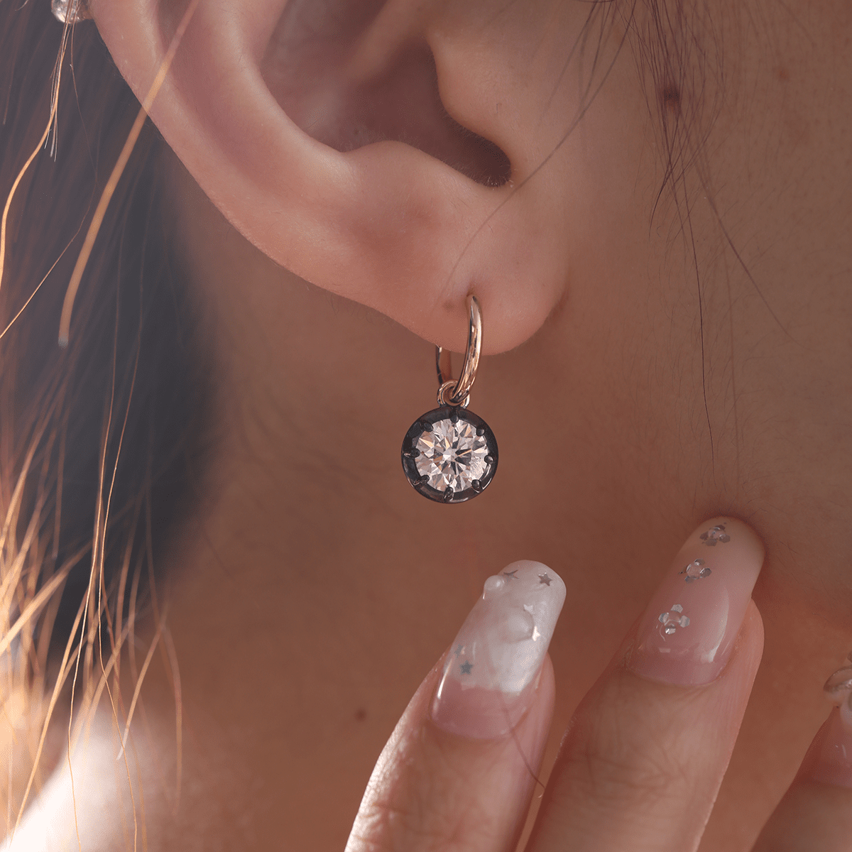 18K Yellow and White Gold with Black Rhodium Plated 2 ct tw Round Cut Diamond Bezel Hoop Earrings - FIORESE JEWELRY