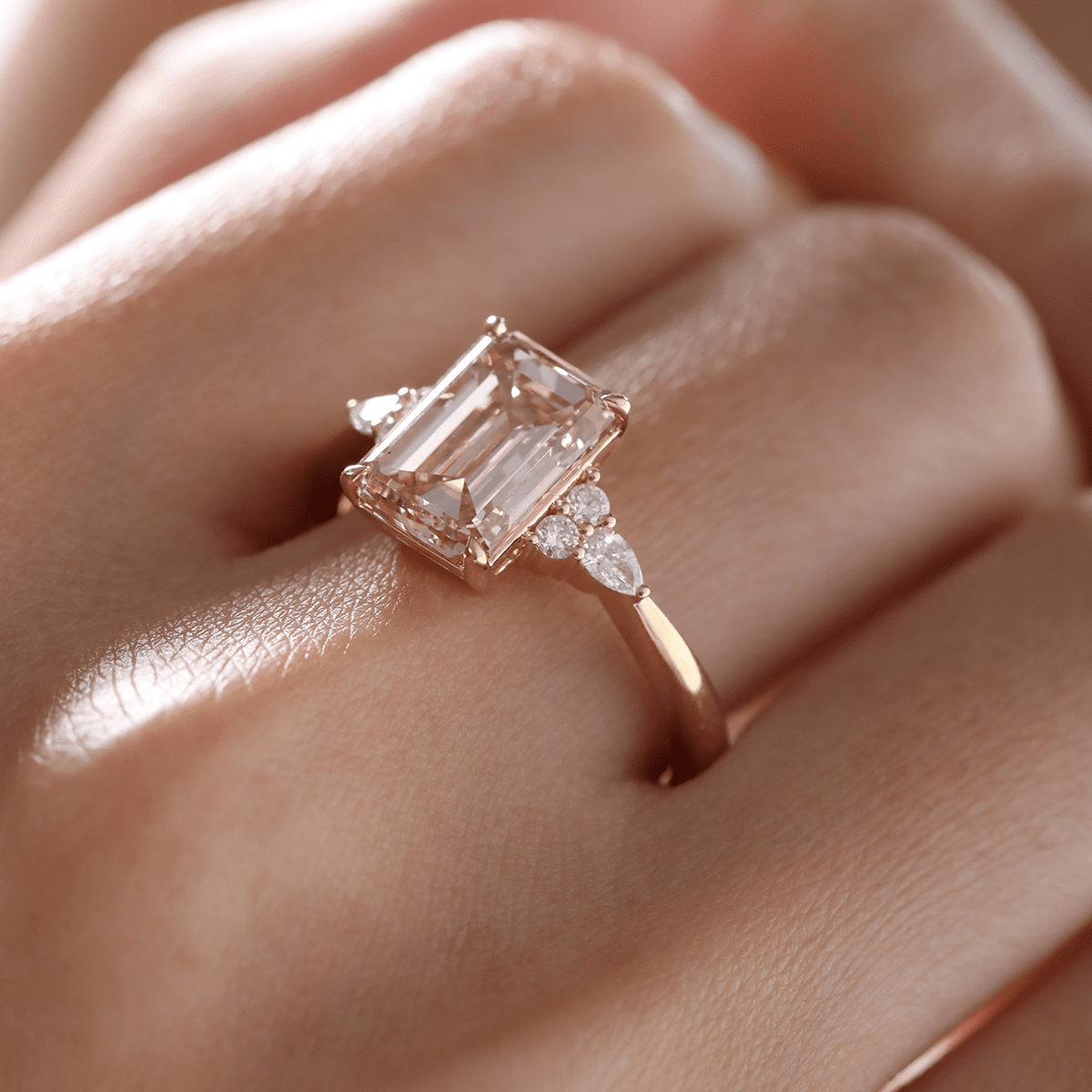 18K Yellow Gold 3.5ct Emerald Cut Brown Lab Diamond Foral Side - stone Ring with Tapered Band - FIORESE JEWELRY