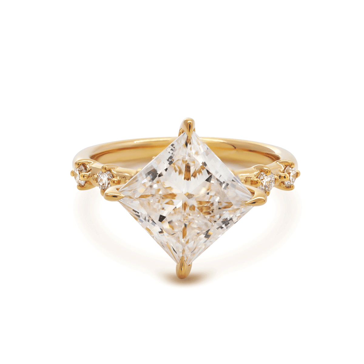 18K Yellow Gold 3.5ct Princess Cut Lab Diamond Vintage Ring with Marquise Cut and Round Lab Diamond Side - stones - FIORESE JEWELRY