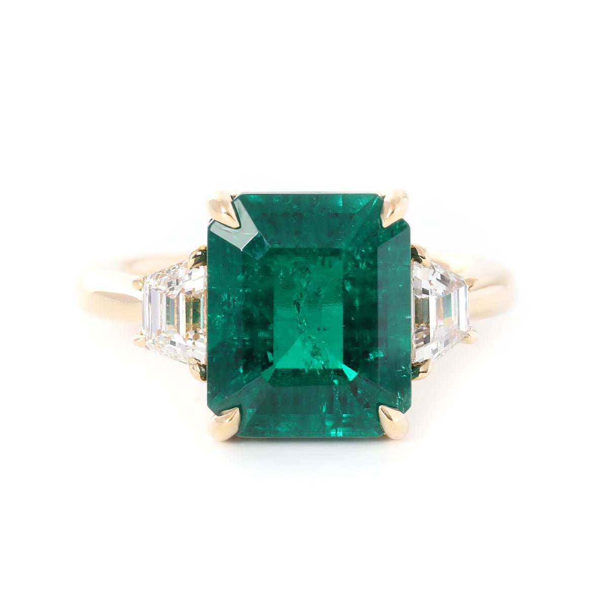 18K Yellow Gold 3ct Lab Emerald Three - stone Ring with Step Cut Trapezoid Lab Diamond Side - stones - FIORESE JEWELRY