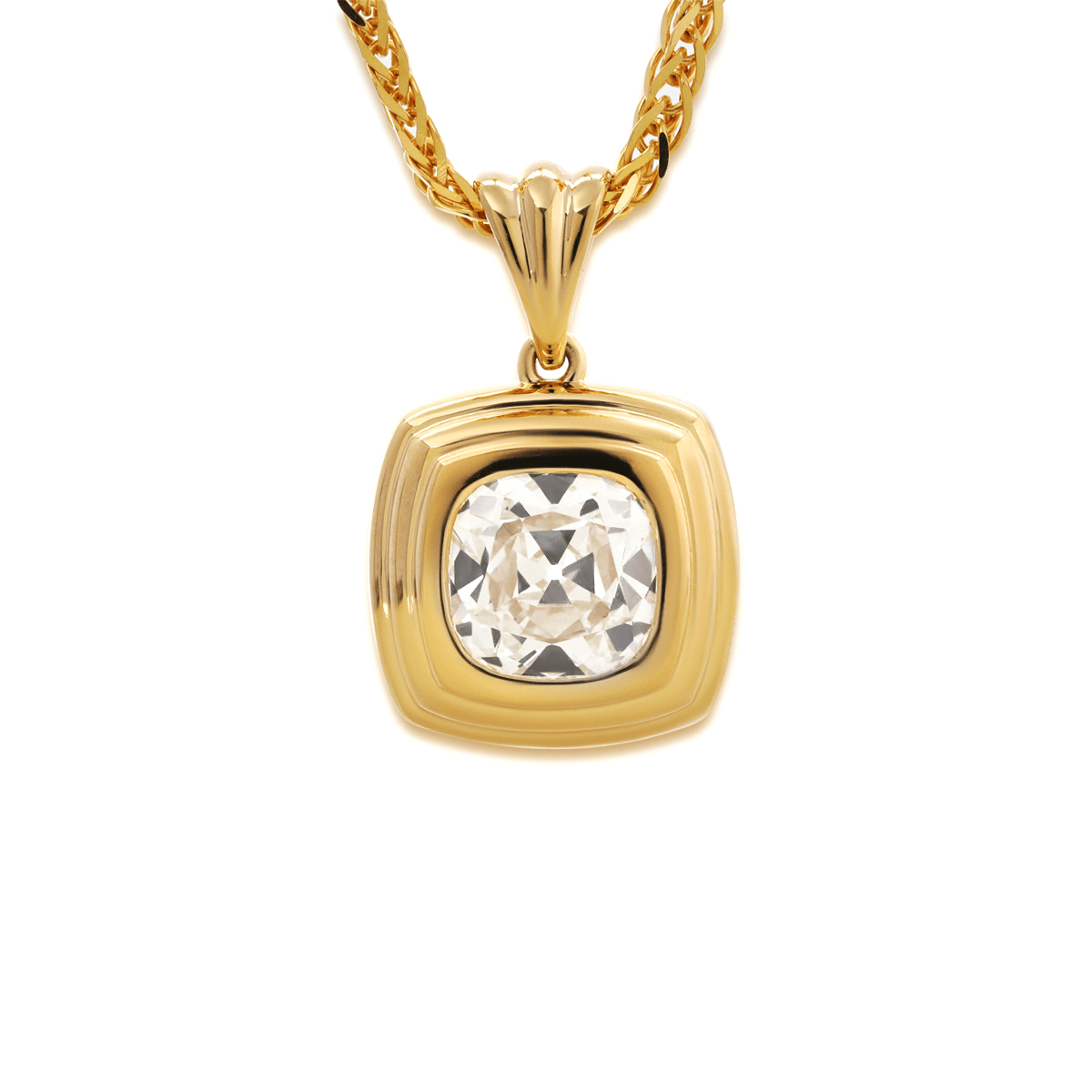 18K Yellow Gold 4ct Old Mine Cut Lab Diamond Flat - topped Stepped Pyramid Pendant Necklace - FIORESE JEWELRY