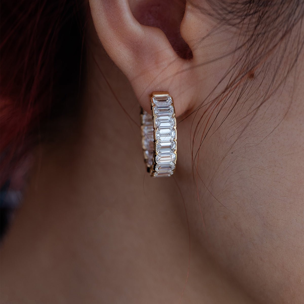 18K Yellow Gold Emerald Cut Lab Diamond Half Bezel Huggie Earrings - FIORESE JEWELRY