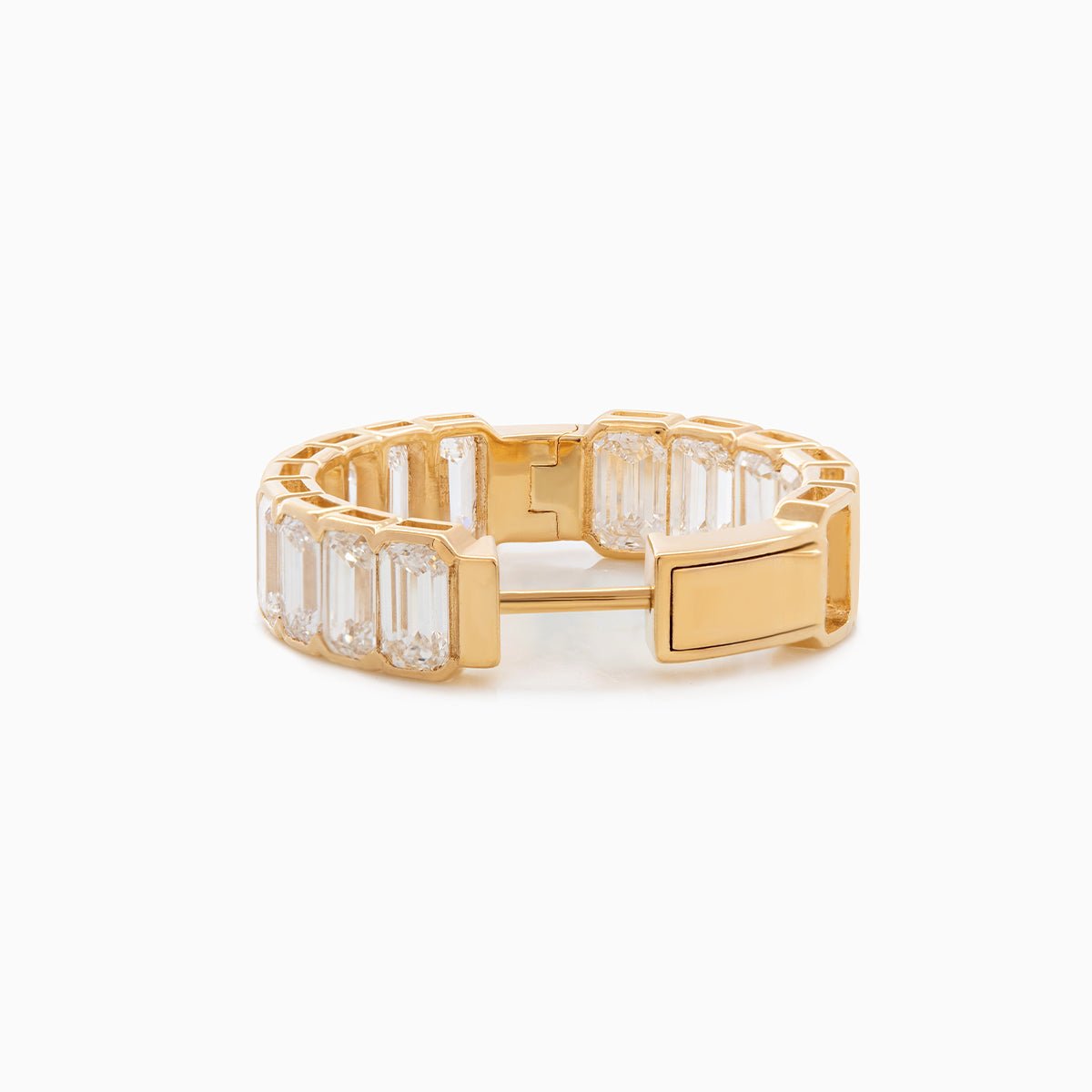 18K Yellow Gold Emerald Cut Lab Diamond Half Bezel Huggie Earrings - FIORESE JEWELRY