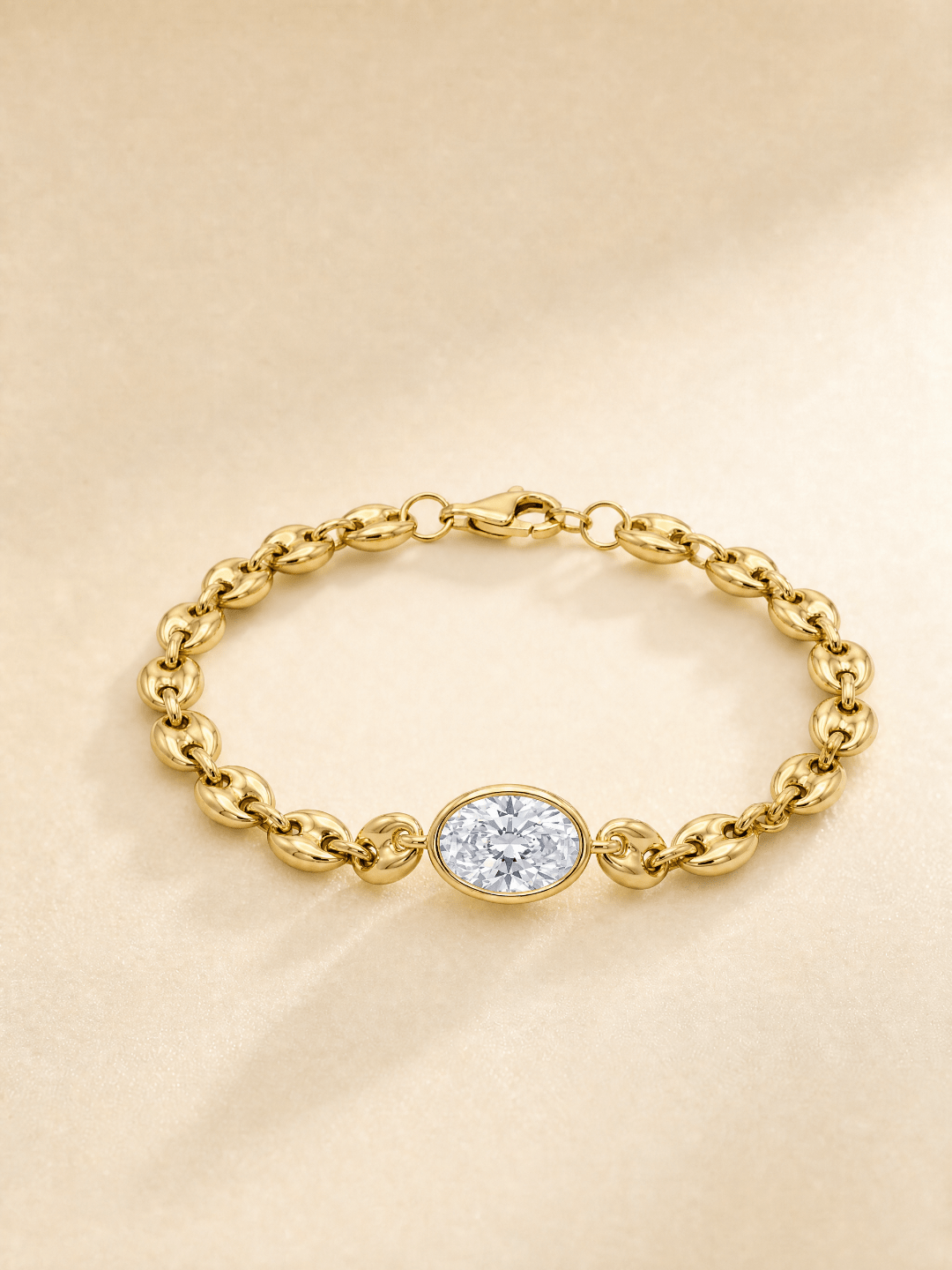 18K Yellow Gold Oval Bezel‑Set Lab‑Grown Diamond Puff Mariner Chain Bracelet - LGG Jewelry