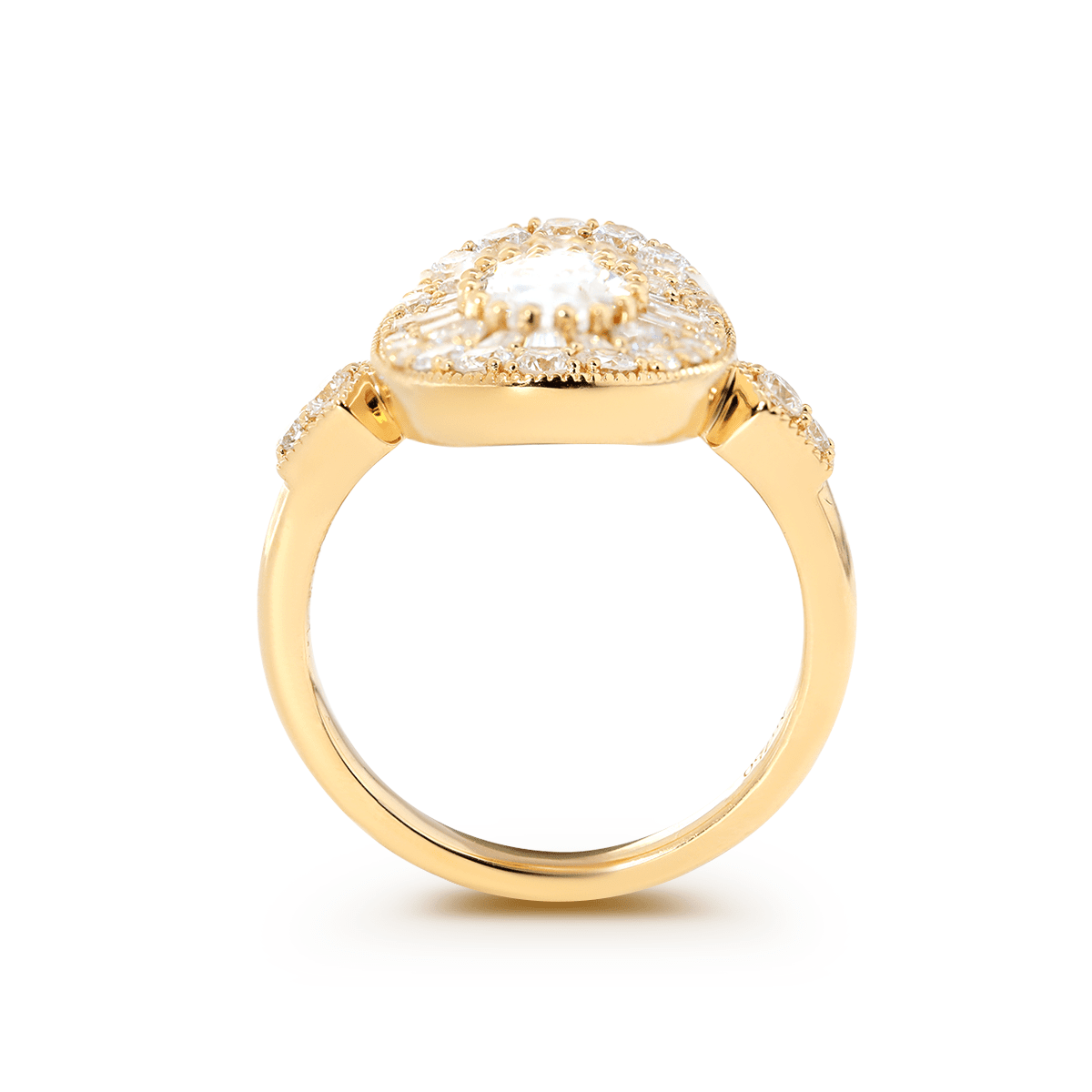 18K Yellow Gold Oval Lab Diamond Millegrain Vintage Style Ring with Round and Tapered Baguette Side - stones Halo - FIORESE JEWELRY