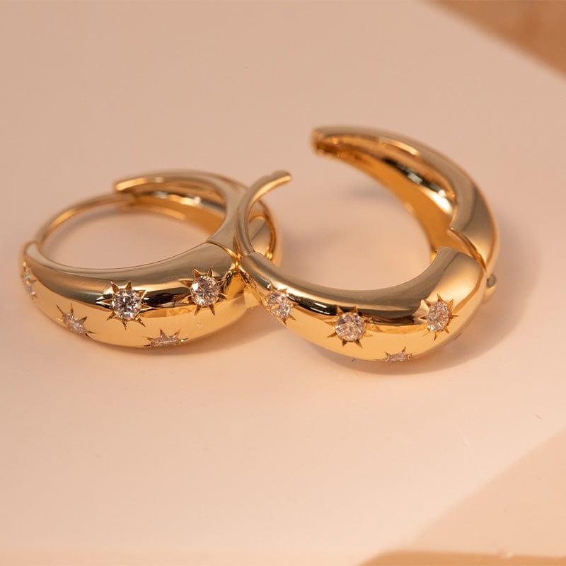 18K Yellow Gold Round Diamond 5 Star Diamond - milling Hoop Earrings - FIORESE JEWELRY