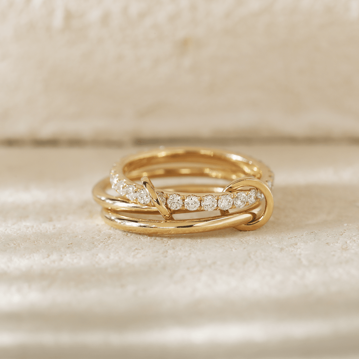 18K Yellow Gold Triple Link Stacking Ring with Round Lab Diamond Pave - FIORESE JEWELRY