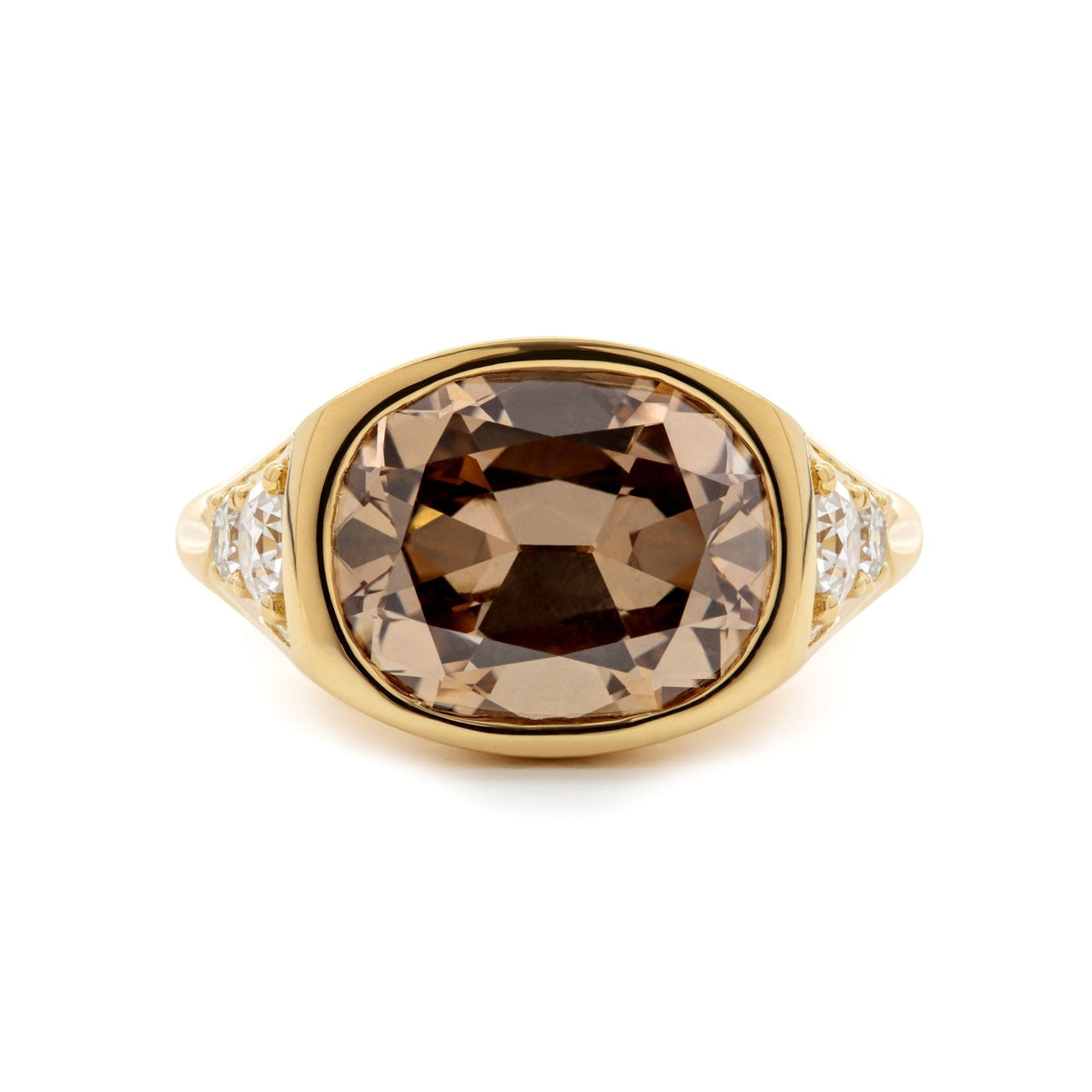 18K Yellow Gold Vintage Ring with 4.51ct Elongated Old Mine Cut Brown Lab Diamond and Old European Side Stones - FIORESE JEWELRY