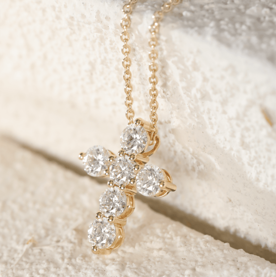 18K Yollow Gold Round Lab Diamond 6 - Stone Cross Pendant Necklace - FIORESE JEWELRY