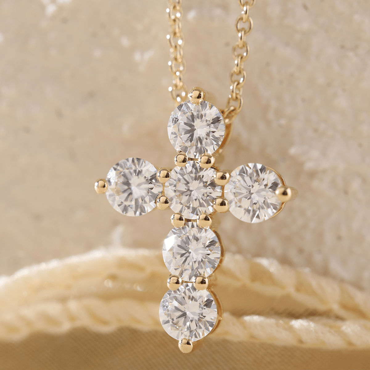 18K Yollow Gold Round Lab Diamond 6 - Stone Cross Pendant Necklace - FIORESE JEWELRY