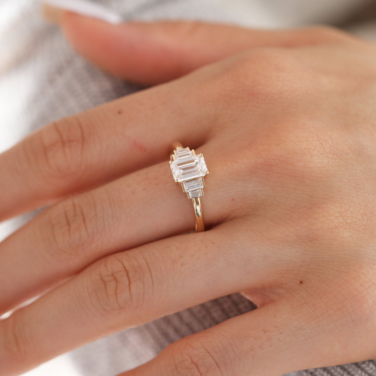 1ct Emerald Cut Lab Diamond 4 Round Prong Basket Five - stone Ring with Half Bezel Baguette Cut Side Stones - FIORESE JEWELRY