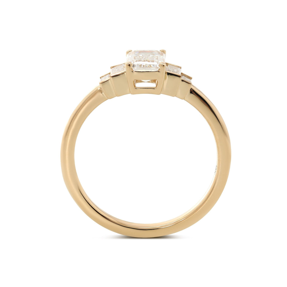 1ct Emerald Cut Lab Diamond 4 Round Prong Basket Five - stone Ring with Half Bezel Baguette Cut Side Stones - FIORESE JEWELRY