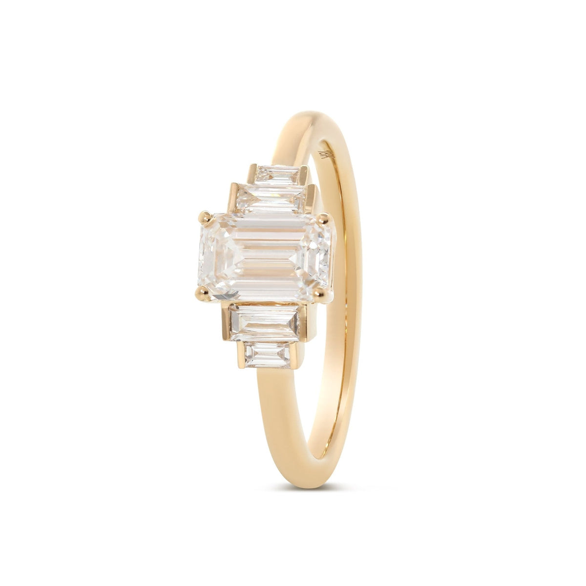 1ct Emerald Cut Lab Diamond 4 Round Prong Basket Five - stone Ring with Half Bezel Baguette Cut Side Stones - FIORESE JEWELRY