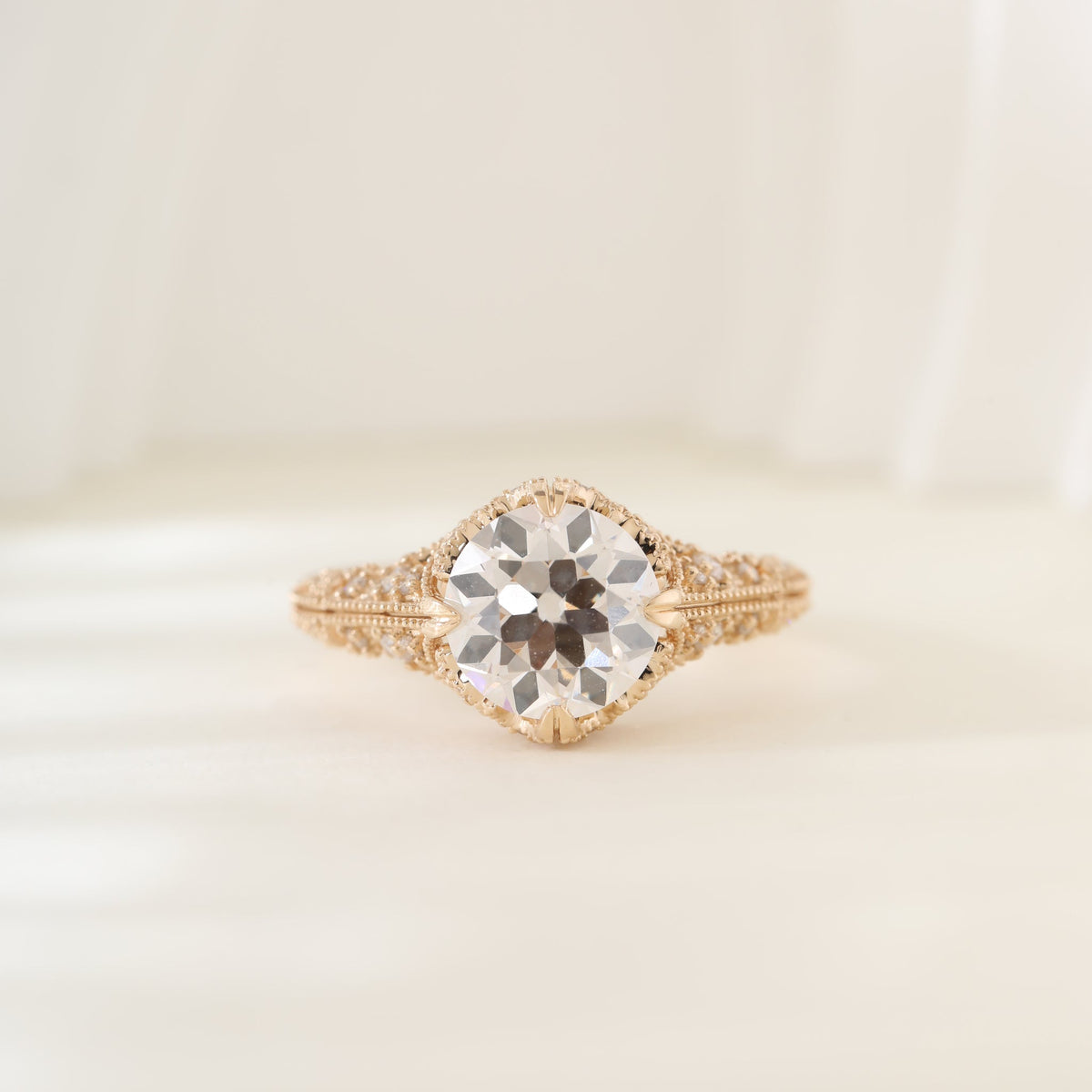2.23CT Old European Cut Lab Diamond Hand - engraved Openwork Band Ring - FIORESE JEWELRY