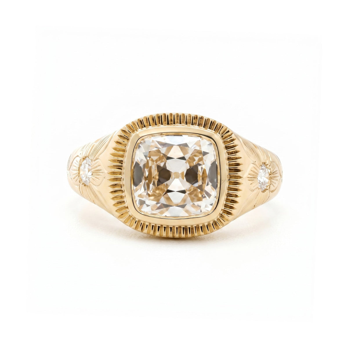 2.33CT Cushion Old Mine Cut Lab Diamond Hand - Engraved Flower Details Bezel Set Ring - FIORESE JEWELRY