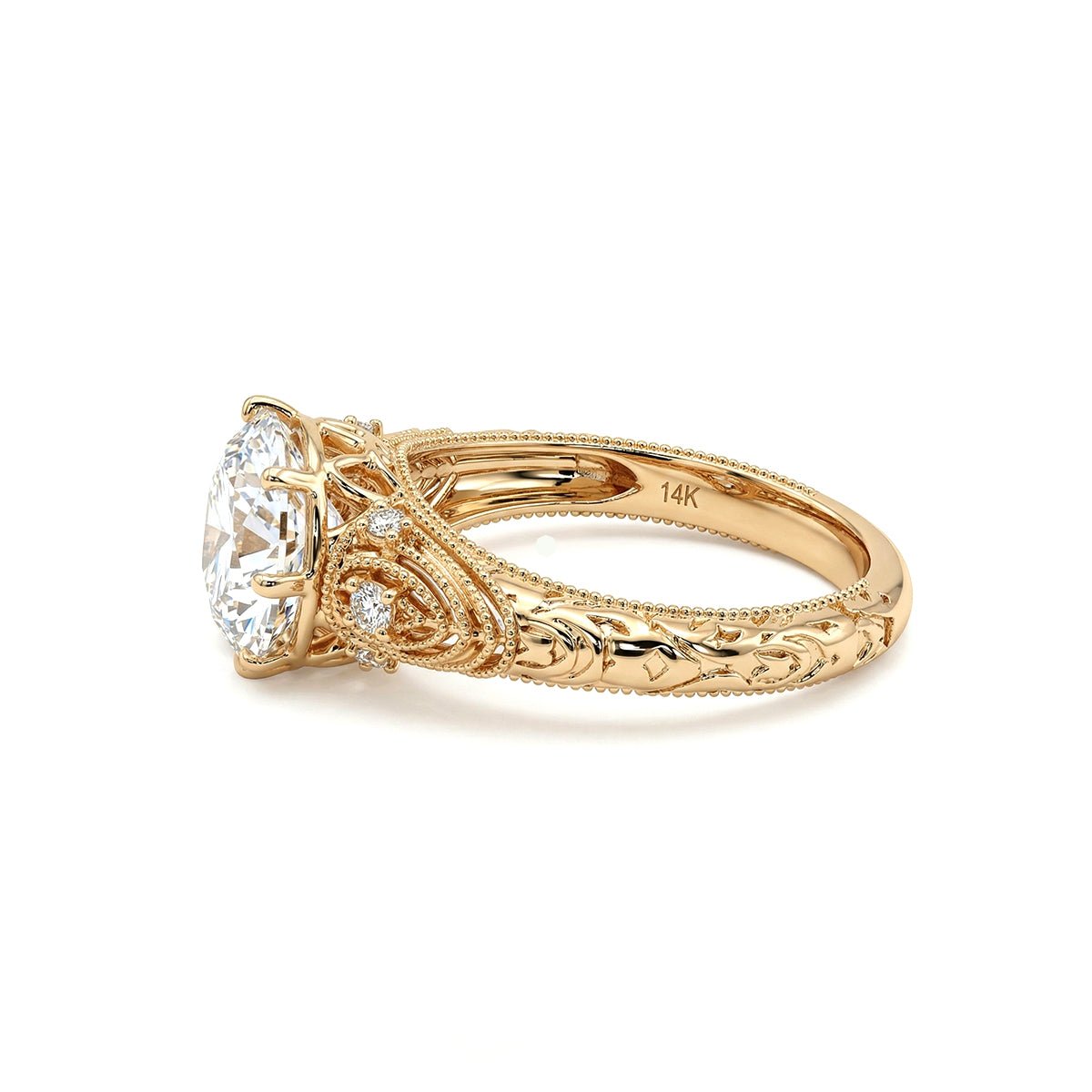 2.55CT Old European Cut Lab Diamond Hand - engraved Beaded Design Ring Paired Lab Diamonds - FIORESE JEWELRY
