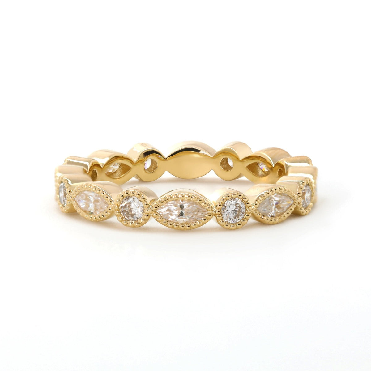 2mm Round and 4*2mm Marquise Cut Lab Diamond Millegrain Bezel Eternity Ring - FIORESE JEWELRY