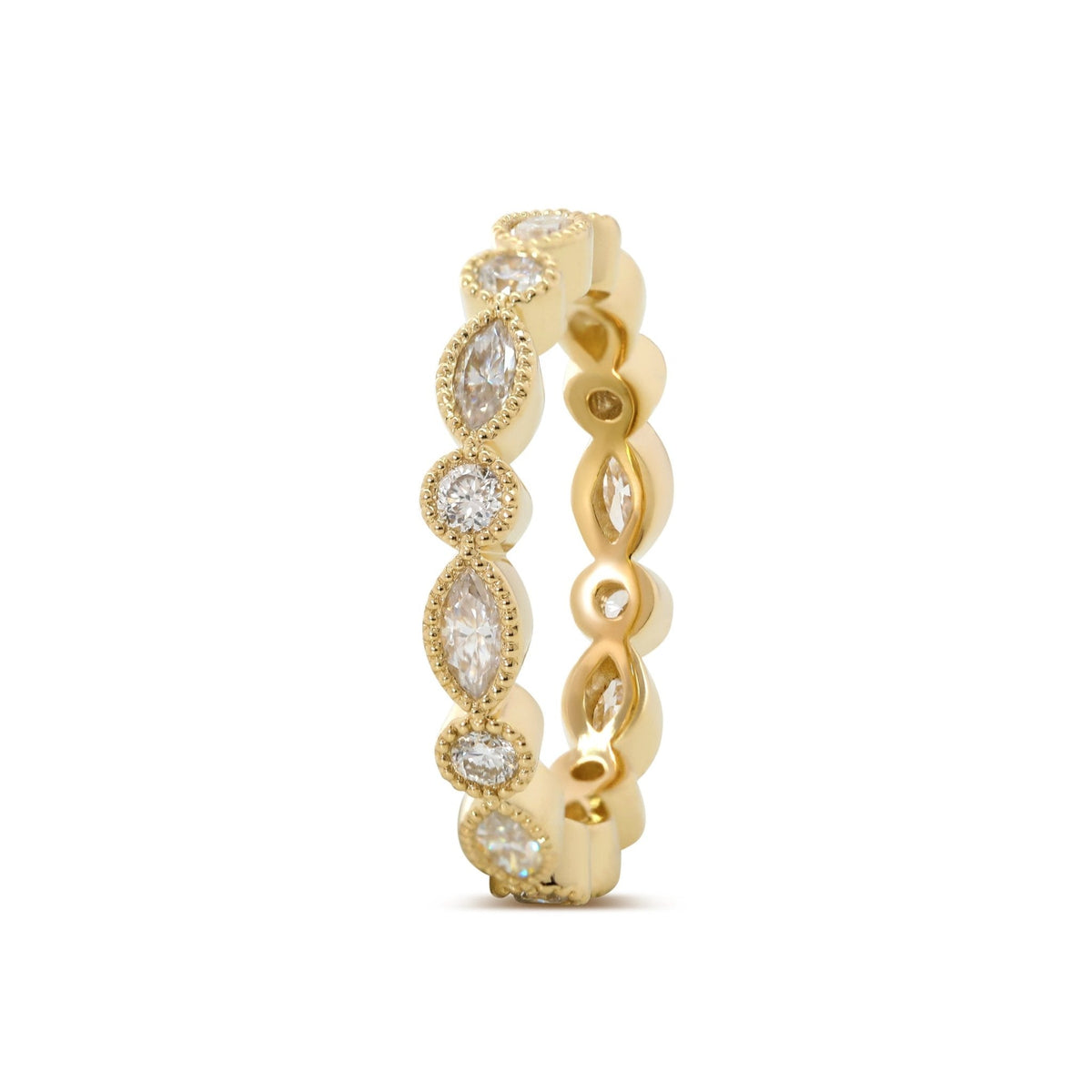 2mm Round and 4*2mm Marquise Cut Lab Diamond Millegrain Bezel Eternity Ring - FIORESE JEWELRY