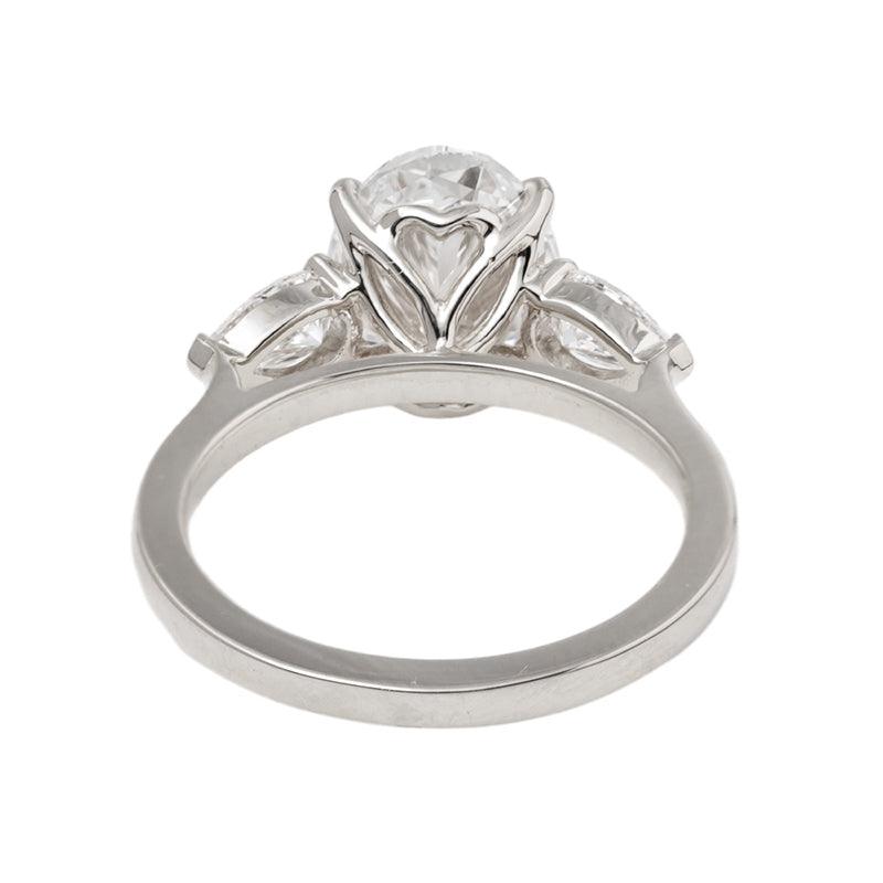 3 CT Oval Cut Lab Diamond 4 - Claw Floral Basket Three - Stone Ring with Pear Side Stones - FIORESE JEWELRY