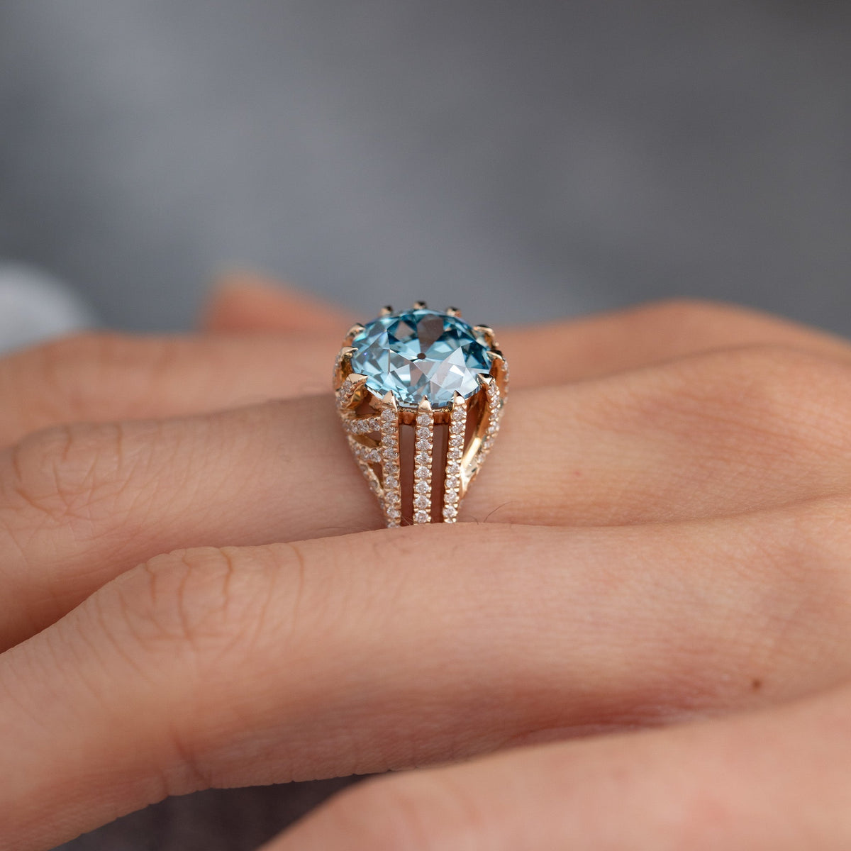 3.67CT Blue Old European Cut Lab Diamond Multi Row Band High - Set Design Ring - FIORESE JEWELRY