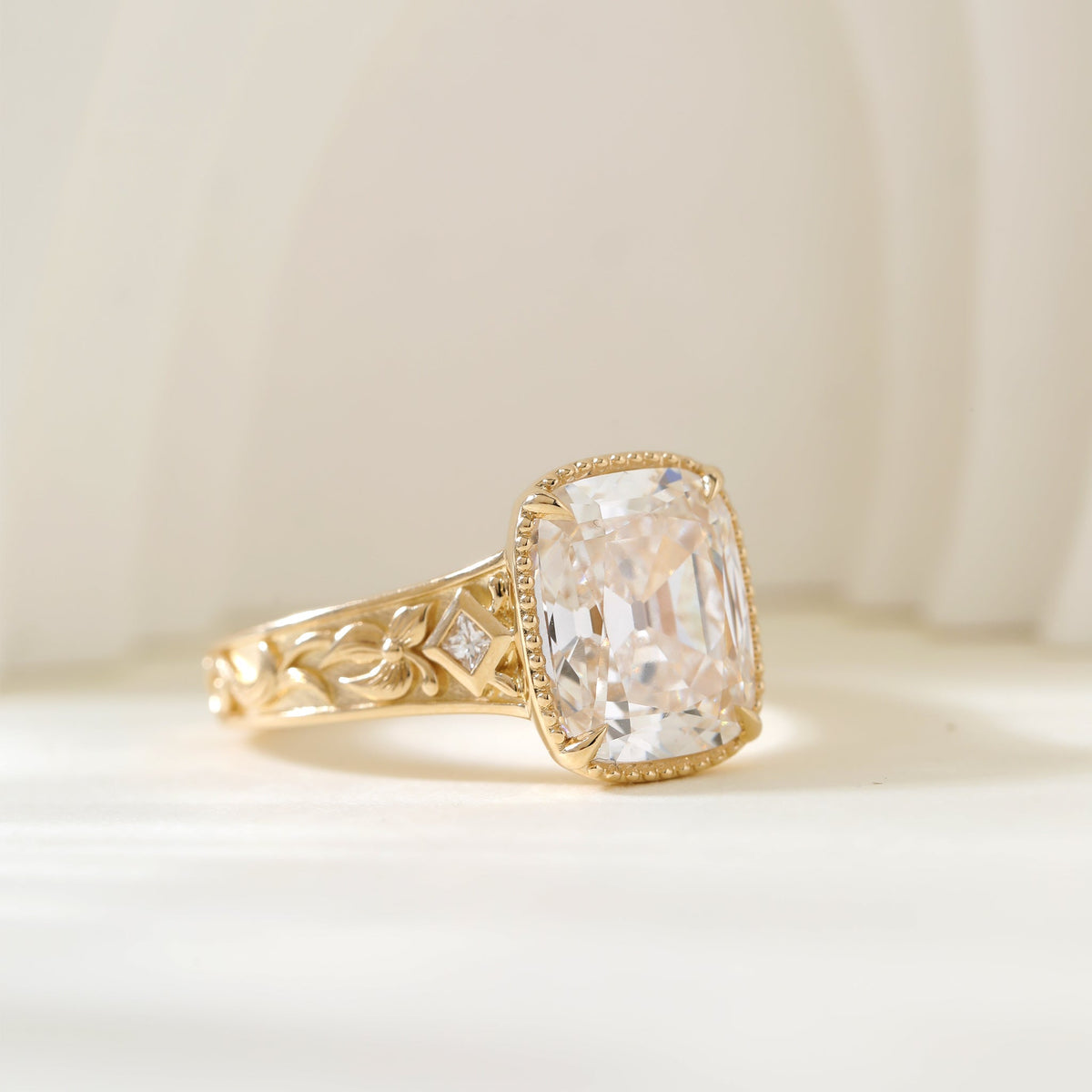 3.7CT Cushion Old Mine Cut Lab Diamond Beaded Bezel Set Hand - Engraved Motif Band Ring - FIORESE JEWELRY