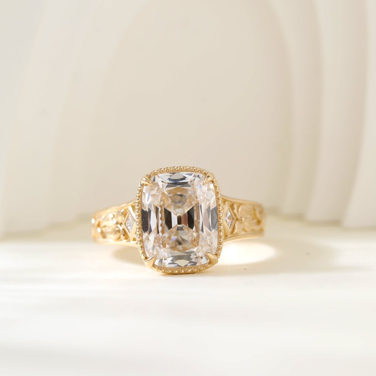 3.7CT Cushion Old Mine Cut Lab Diamond Beaded Bezel Set Hand - Engraved Motif Band Ring - FIORESE JEWELRY