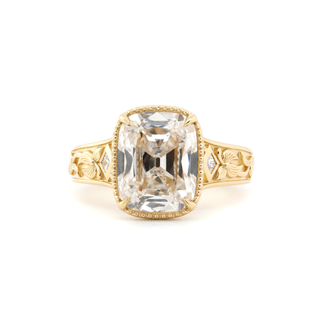 3.7CT Cushion Old Mine Cut Lab Diamond Beaded Bezel Set Hand - Engraved Motif Band Ring - FIORESE JEWELRY