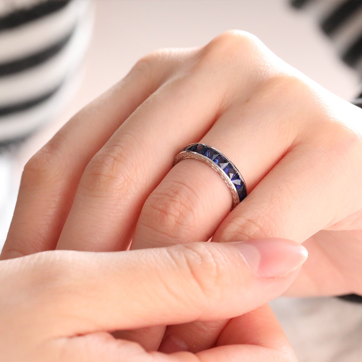 3mm Princess Cut Lab Sapphire Channel Setting Eternity Ring - FIORESE JEWELRY