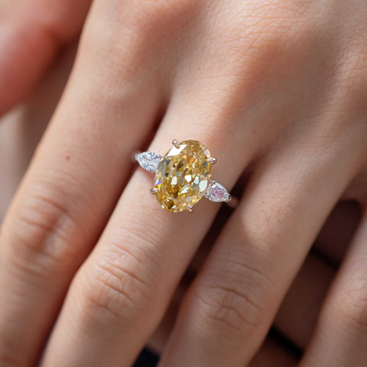 4.04CT Oval Old Mine Cut Yellow Lab Diamond Basket Set Three Stone Ring - FIORESE JEWELRY