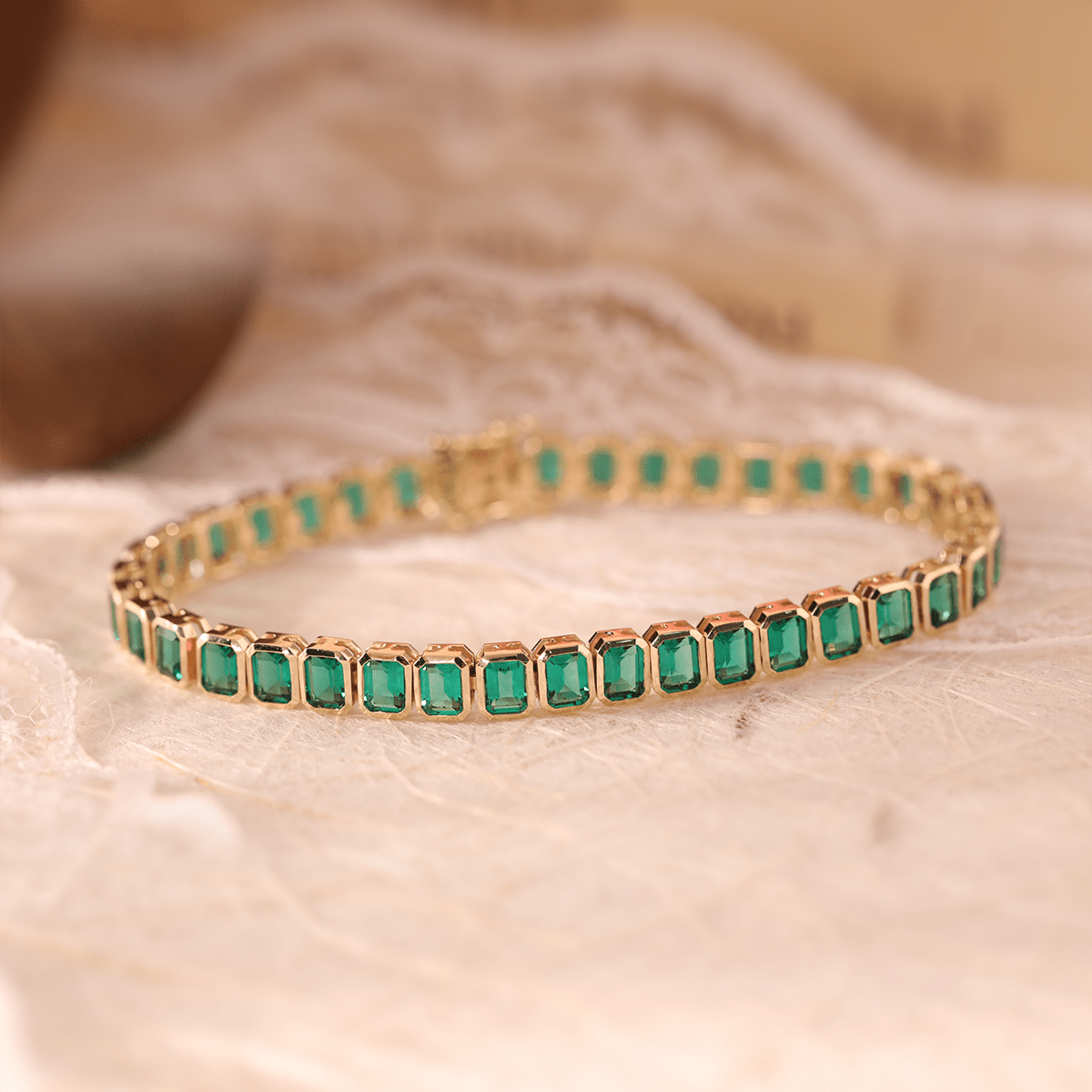 4×3mm Emerald Cut Lab Zambian Emerald Bezel - Set Tennis Bracelet with Box Clasp and Double Safety - FIORESE JEWELRY