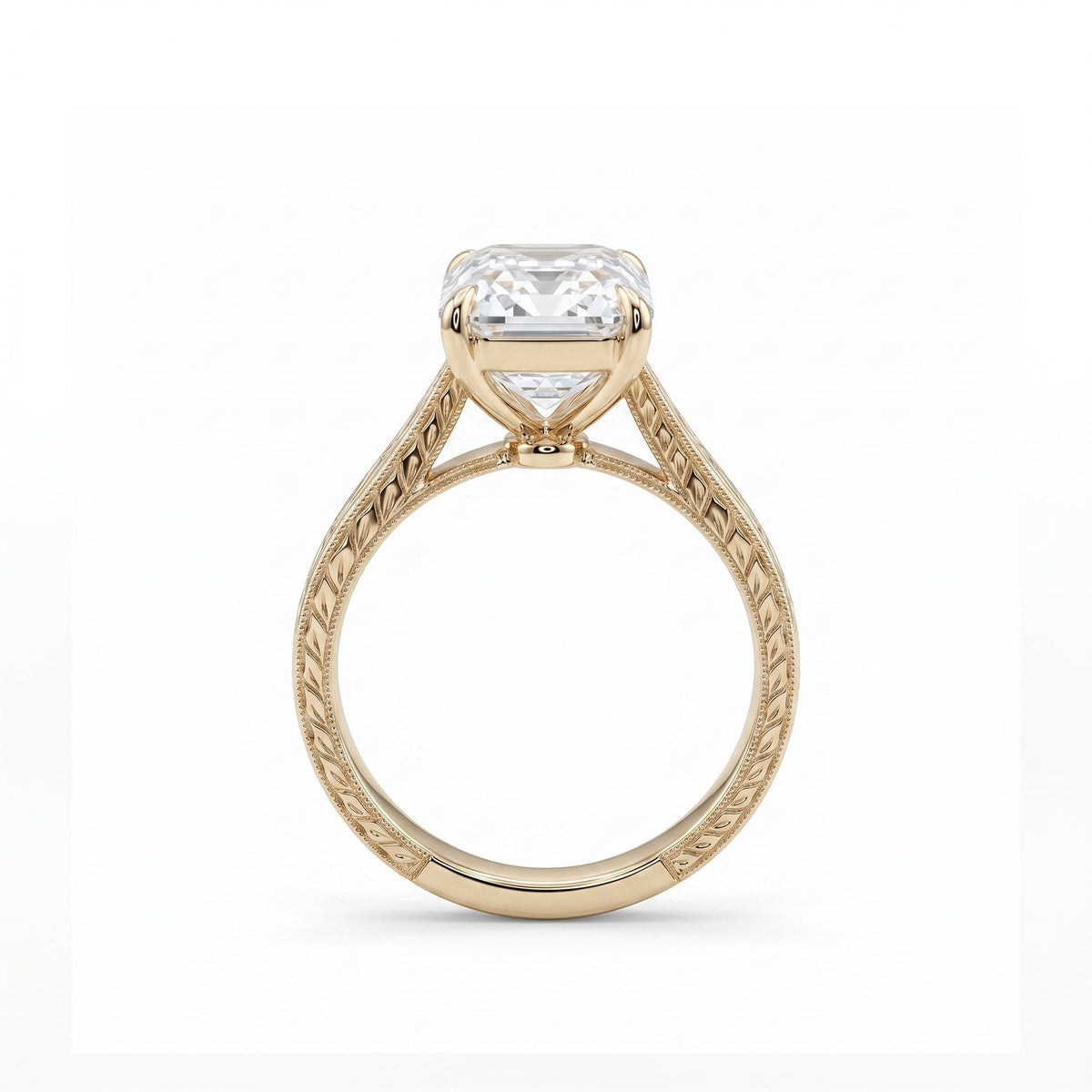 5.19CT Vintage Emerald - Cut Lab Diamond Hand - Engraved Ring with Taper Band - FIORESE JEWELRY