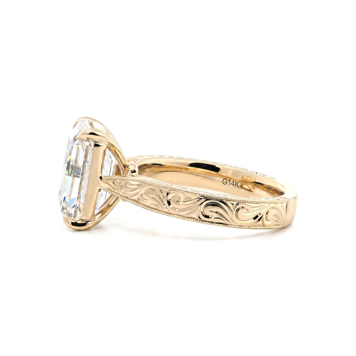 5.19CT Vintage Emerald - Cut Lab Diamond Hand - Engraved Ring with Taper Band - FIORESE JEWELRY