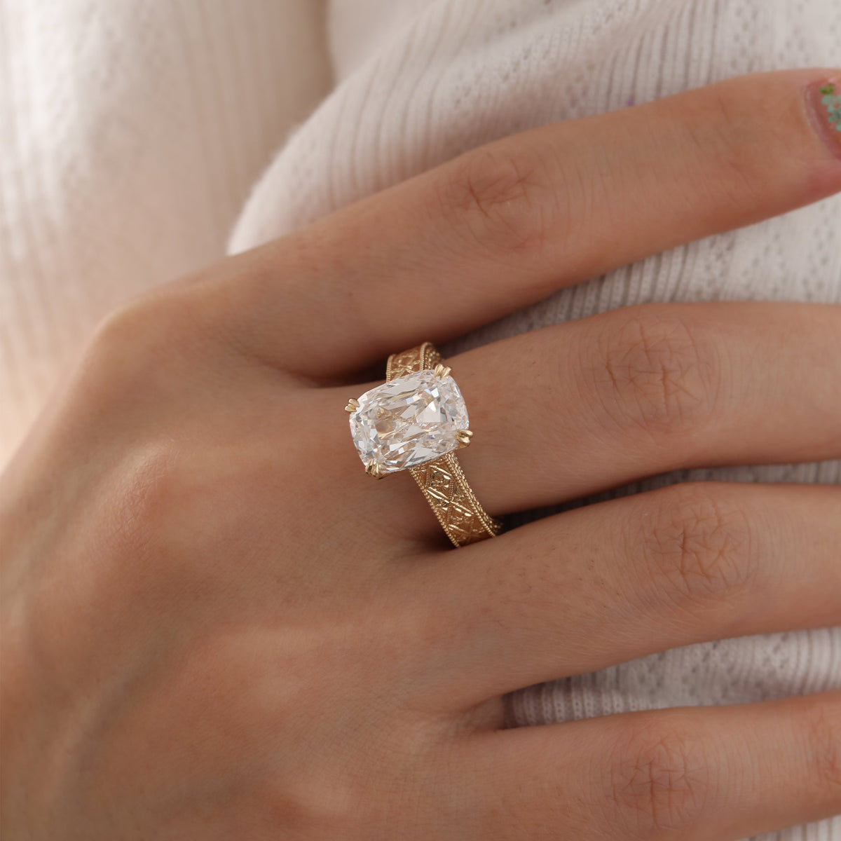 5.42CT Cushion Old Mine Cut Lab Diamond Vintage Hand - Engarved Wide Band Design Ring - FIORESE JEWELRY