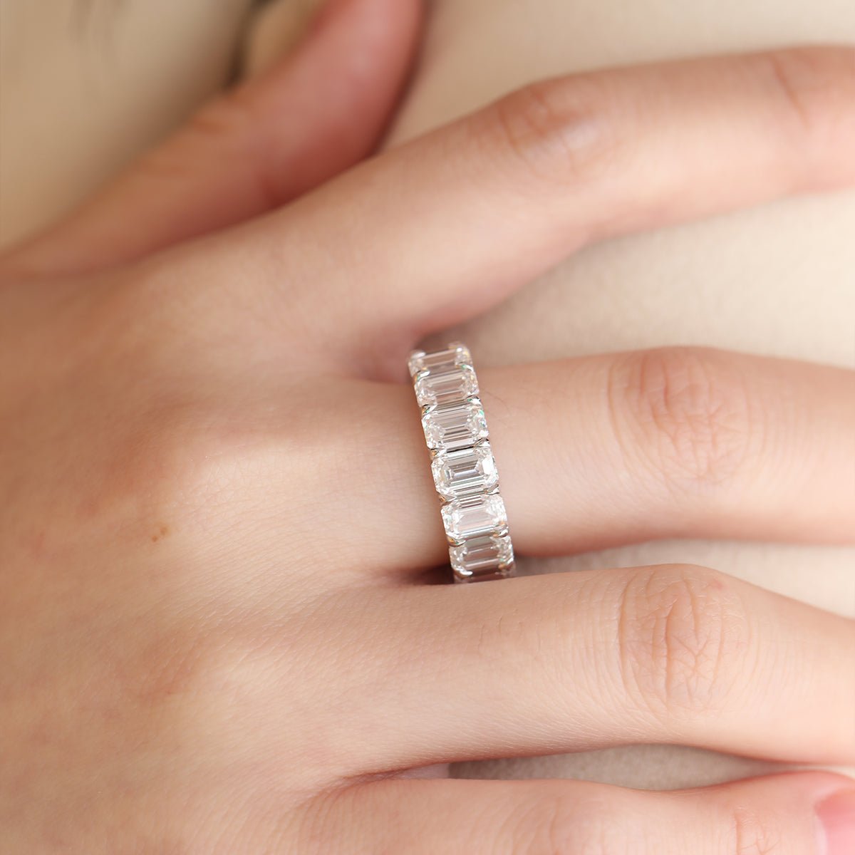 6*4mm Emerald Cut Lab Diamond Shared Claw Prong Basket Eternity Ring - FIORESE JEWELRY